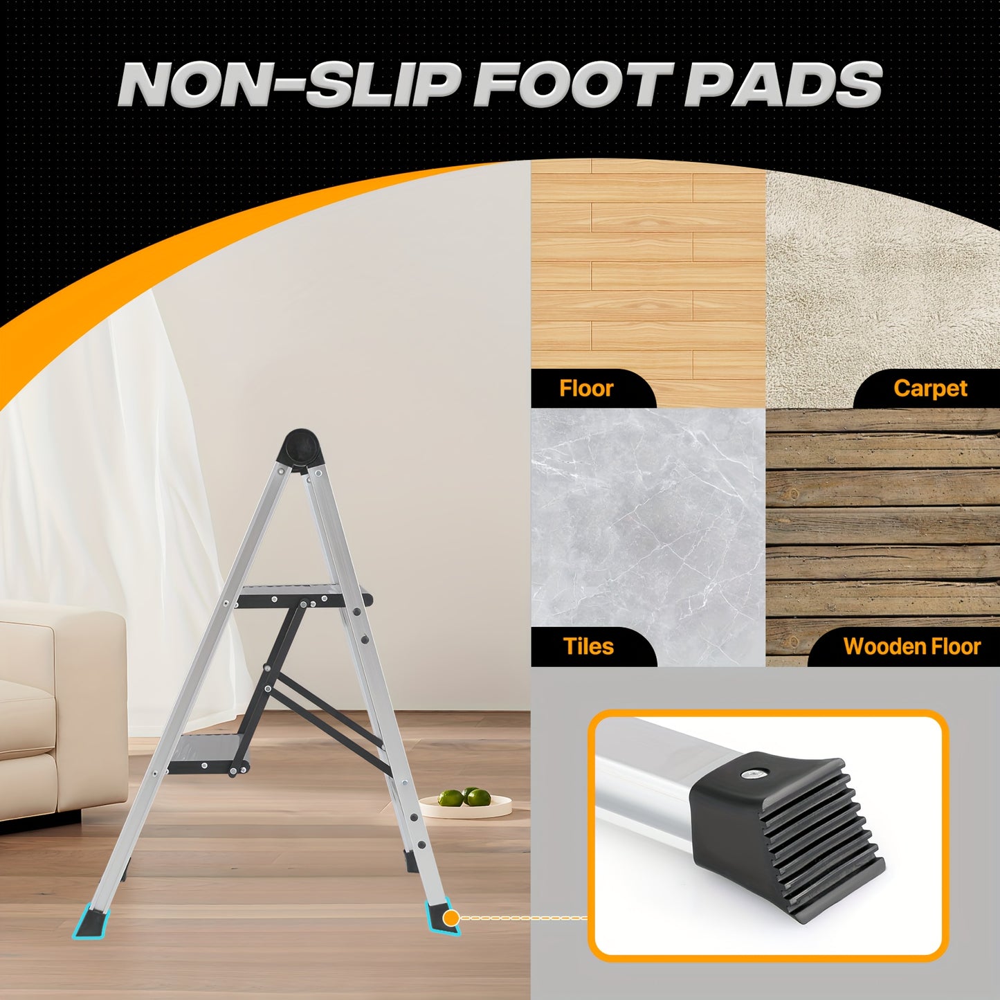 MoNiBloom Portable 2 Step Ladder Folding Stool Wide Platform Non Slip Feet 330 Lbs Capacity For Home Kitchen Silvery