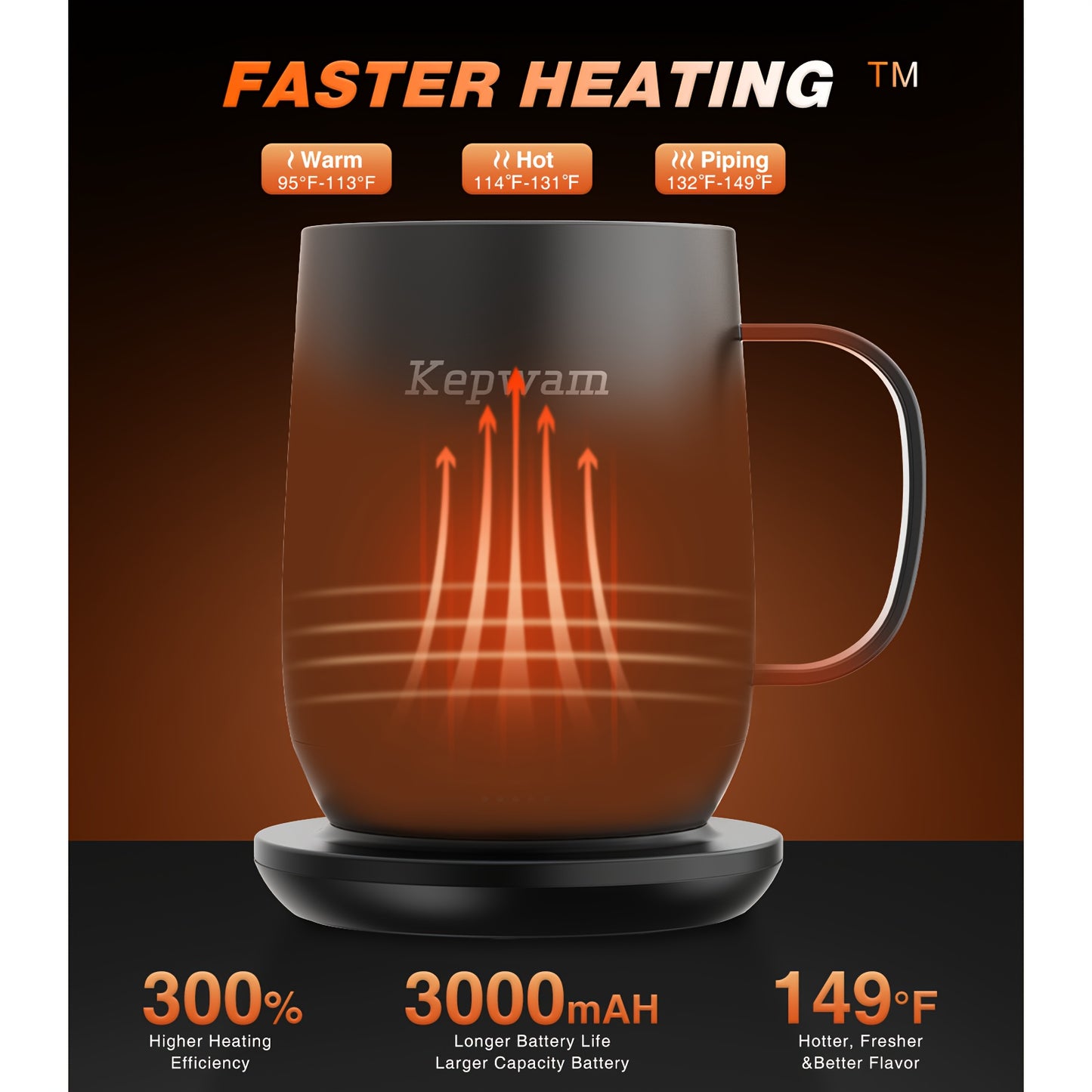 Kepwam Self Heating Coffee Mug T2 16oz 150 Minute Battery Life 149 F Temperature Controlled Warmer No App