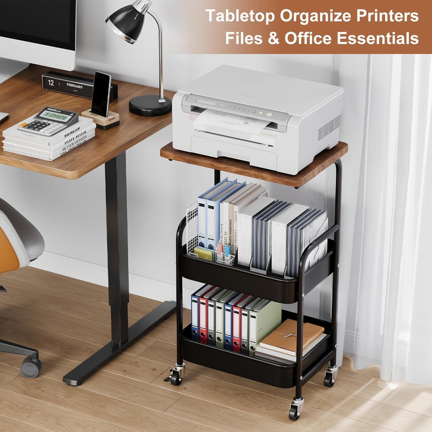 Rolling Cart With Wooden Table Top 3 Tier Metal Utility Cart Locking Wheels Printer Stand Kitchen Office Bedroom