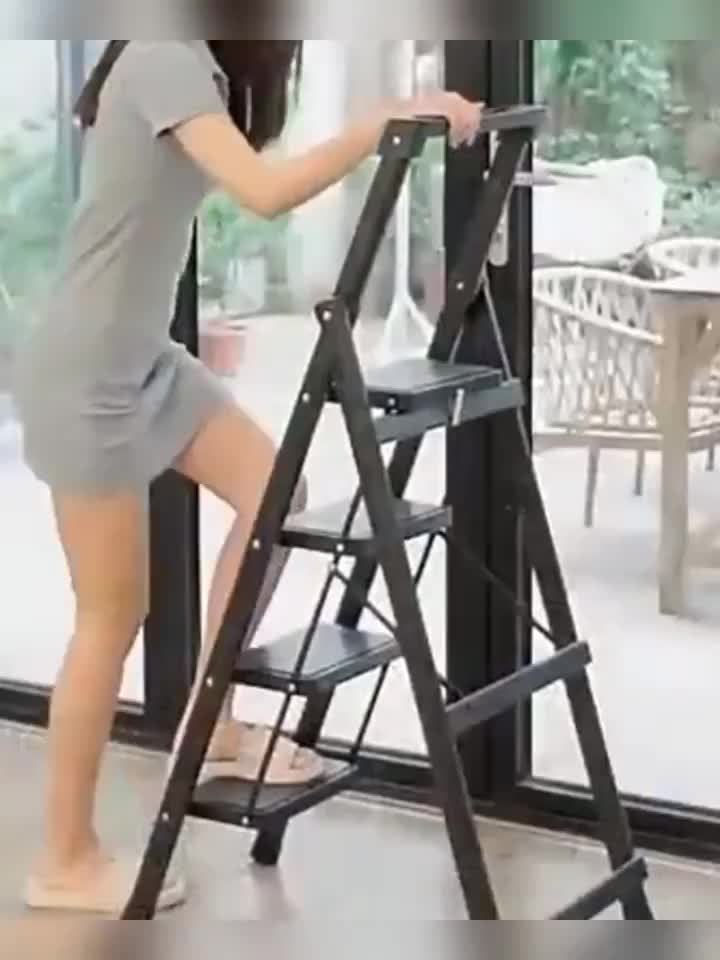 Five Step Folding Metal Ladder With Handrails Portable Safety Footstool For Home And Office Use Black Anti Slip Pads