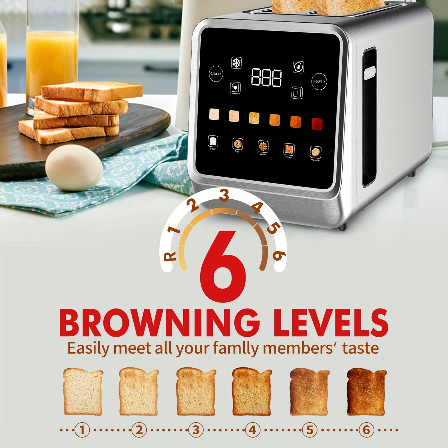 2 Slice Stainless Steel Smart Toaster With LCD Display Extra Wide Slots 6 Bread Types Defrost Memory Toasting Timer