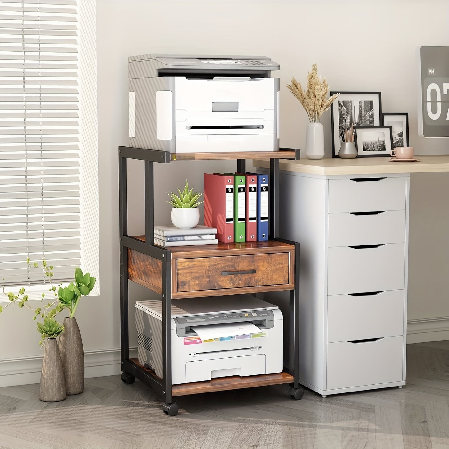 Sturdy 3 Tier Rolling Printer Stand With Storage Drawer Recycled Wood And Metal Frame Mobile Printer Cart With Wheels