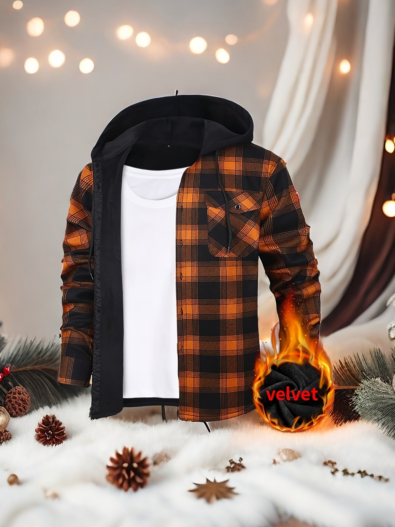 Mens Hooded Plaid Shirt Jacket Winter Thickened Coat