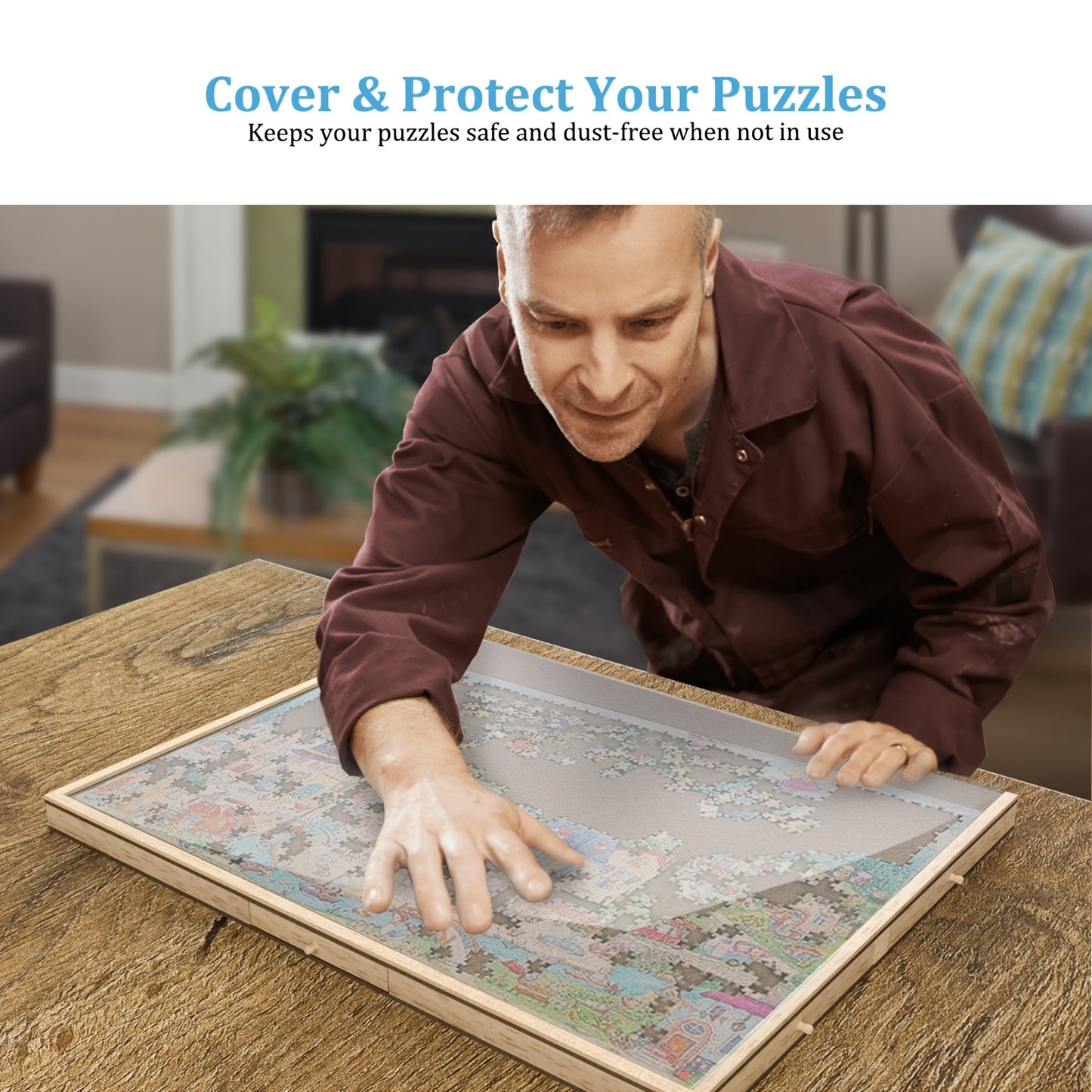 Deluxe 35x27 Inches Wooden Puzzle Board With 6 Drawers Rotating Jigsaw Organizer For 1500 Pieces Portable Storage