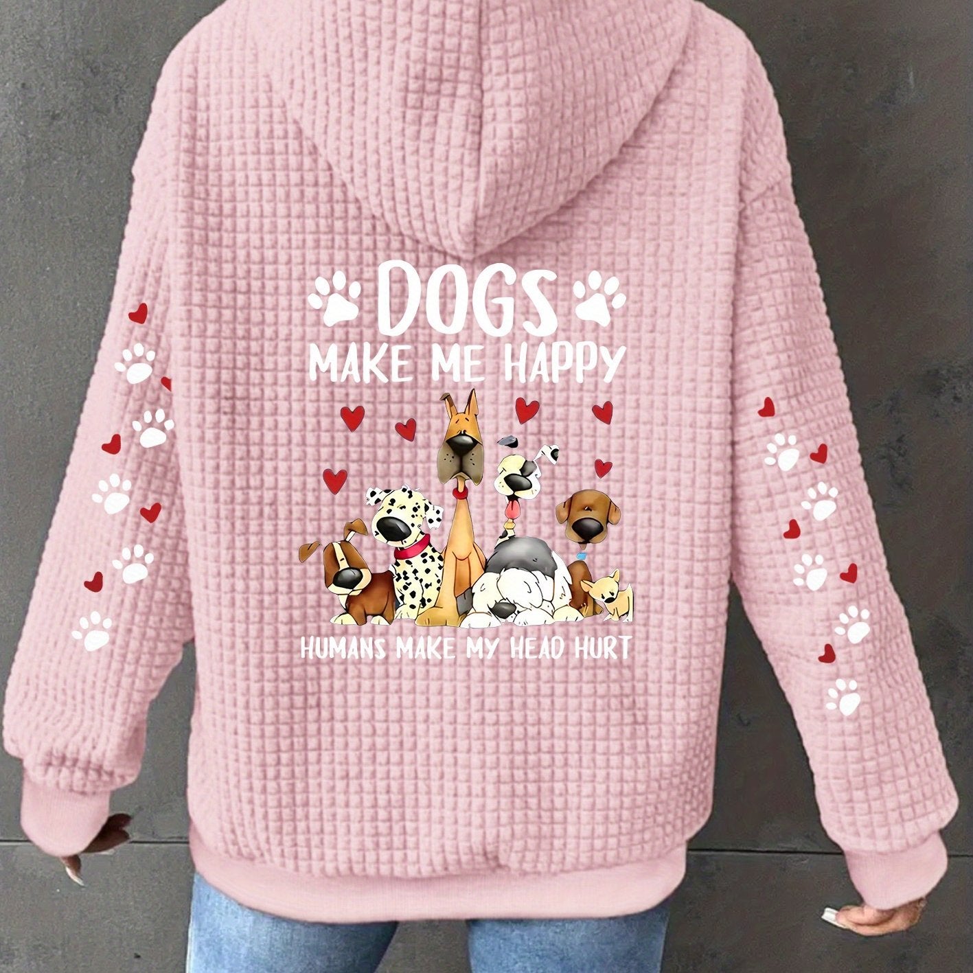 Women's Waffle Knit Zip Up Hoodie Dogs Make Me Happy Print