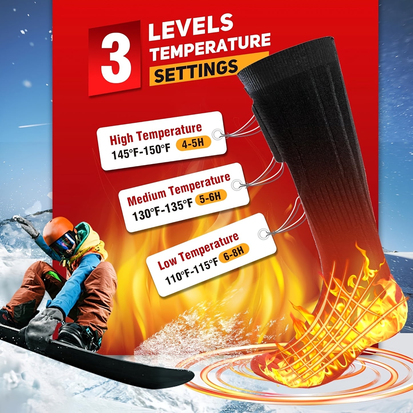 Heated Socks For Men And Women 3 Heating Settings Washable Electric Thermal 2x 4000mAh Rechargeable Batteries Outdoor