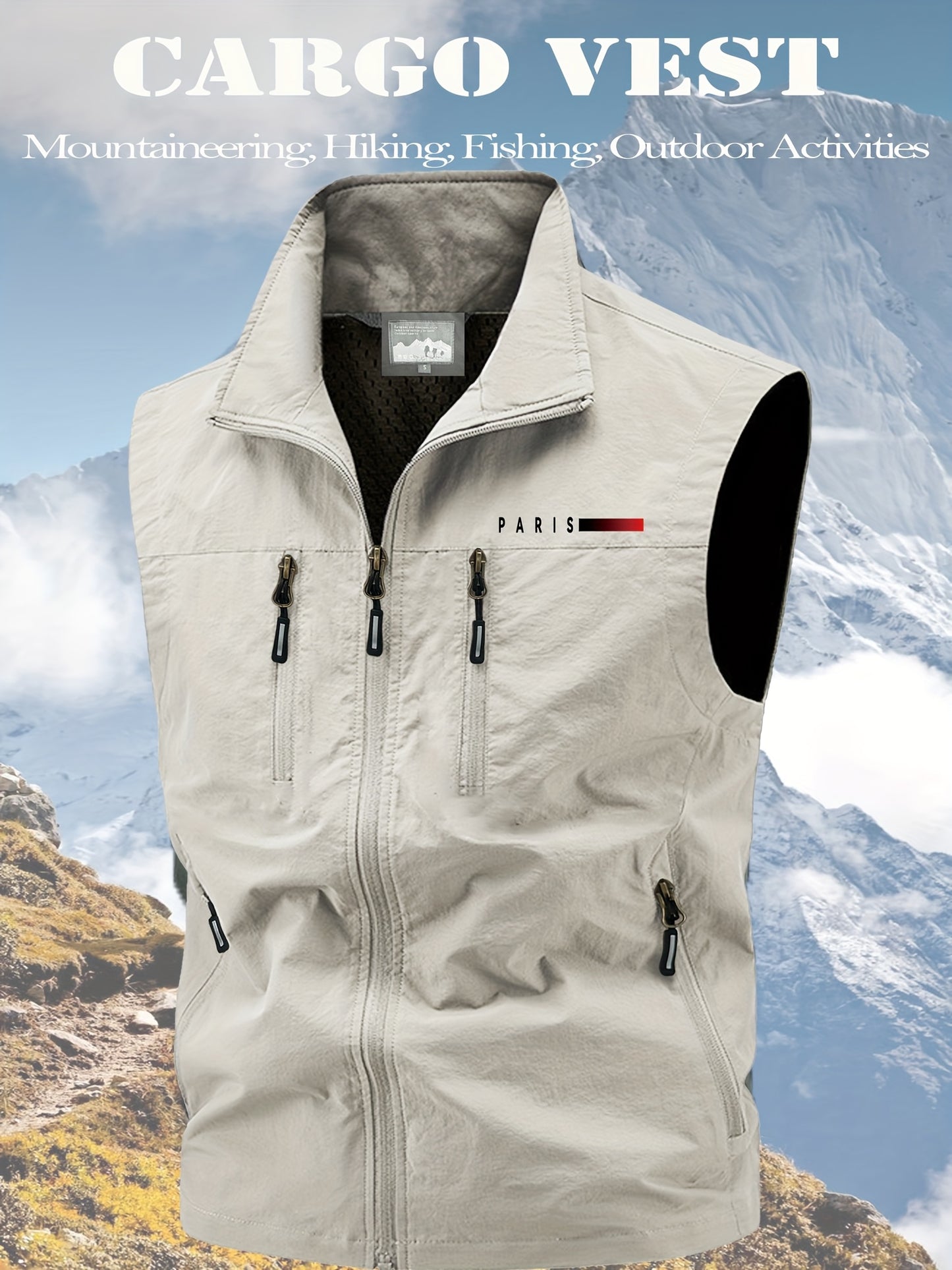 Men Casual Workwear Vest Paris Print Stand Collar Pockets