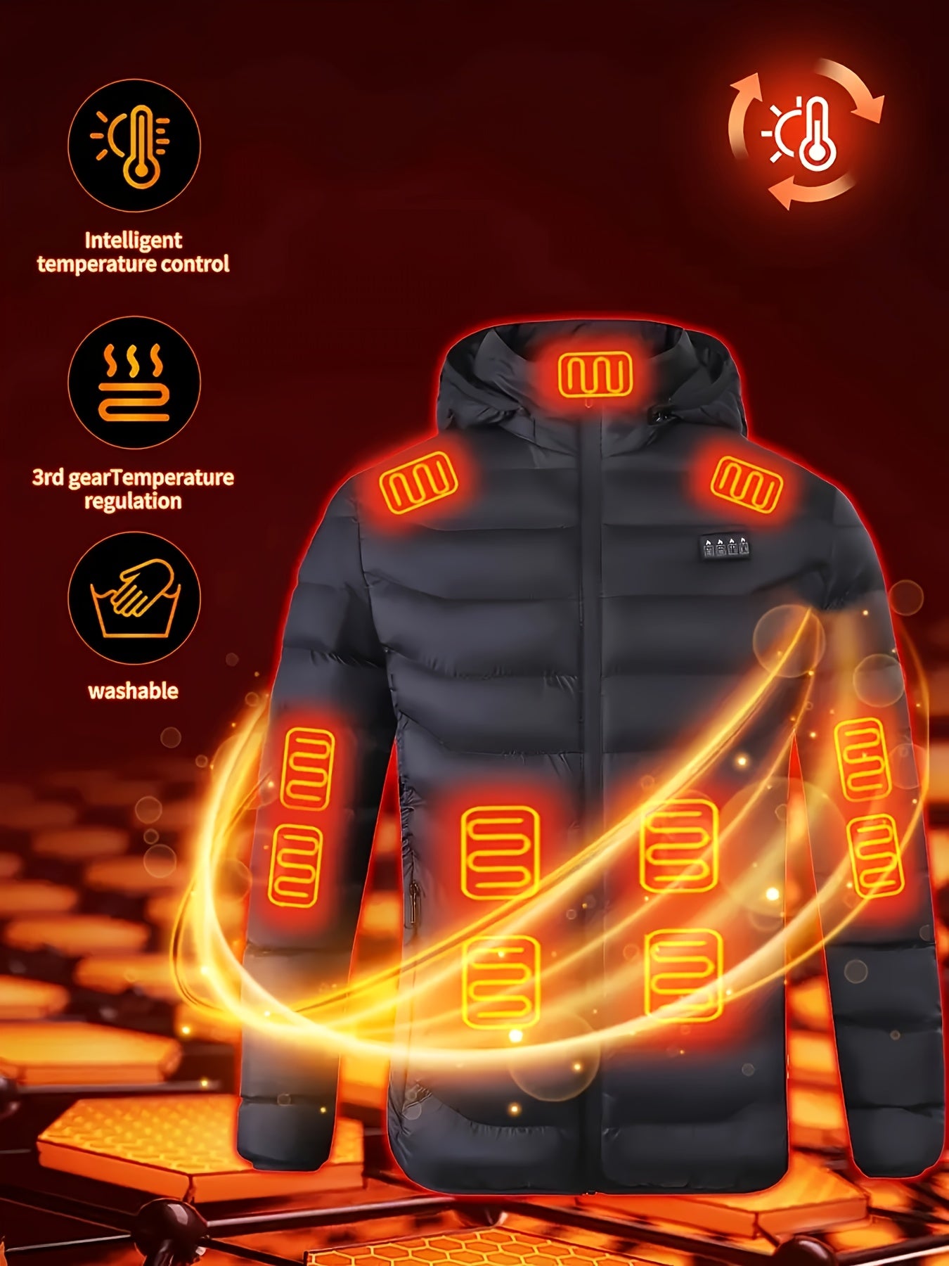 Electric Heating Jacket USB Powered Hooded Full Zip 24 Zones