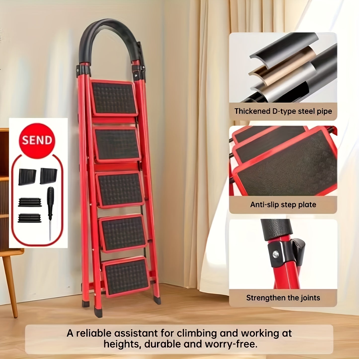 3/4/5 Step Portable Folding Ladder 500/520/530 Lbs Anti Slip Pedal Lightweight Steel Step Stool For Home And Industry