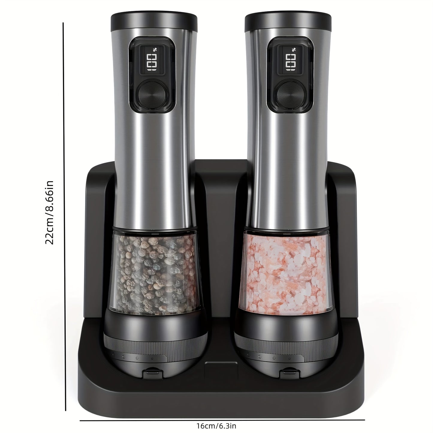 Rechargeable Salt And Pepper Grinder Set With Base USB Charging Adjustable Coarseness LED Display Extra Large Capacity