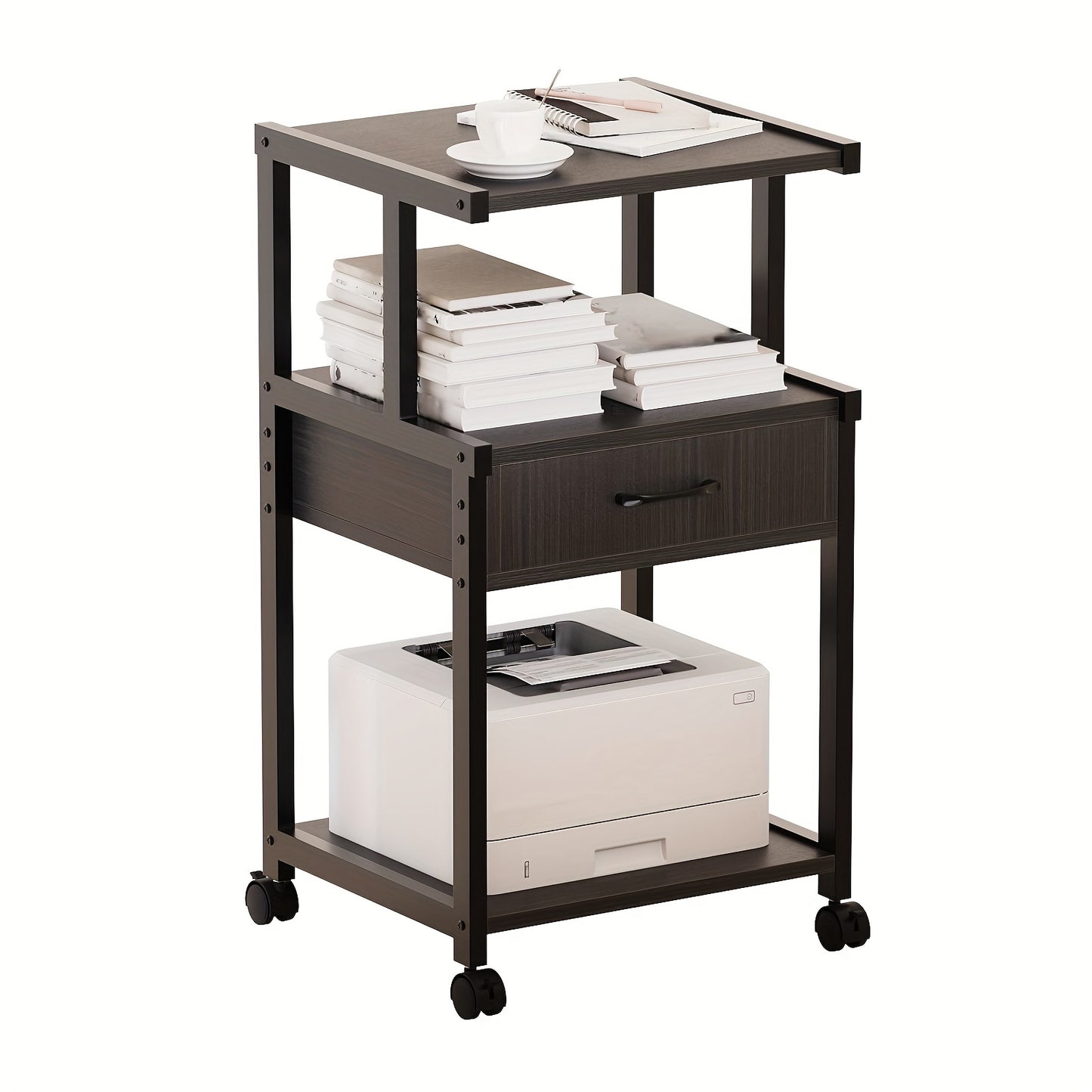 Sturdy 3 Tier Rolling Printer Stand With Storage Drawer Recycled Wood And Metal Frame Mobile Printer Cart With Wheels