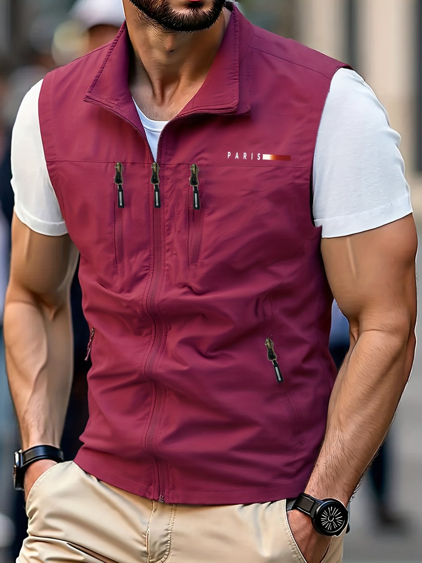 Men Casual Workwear Vest Paris Print Stand Collar Pockets
