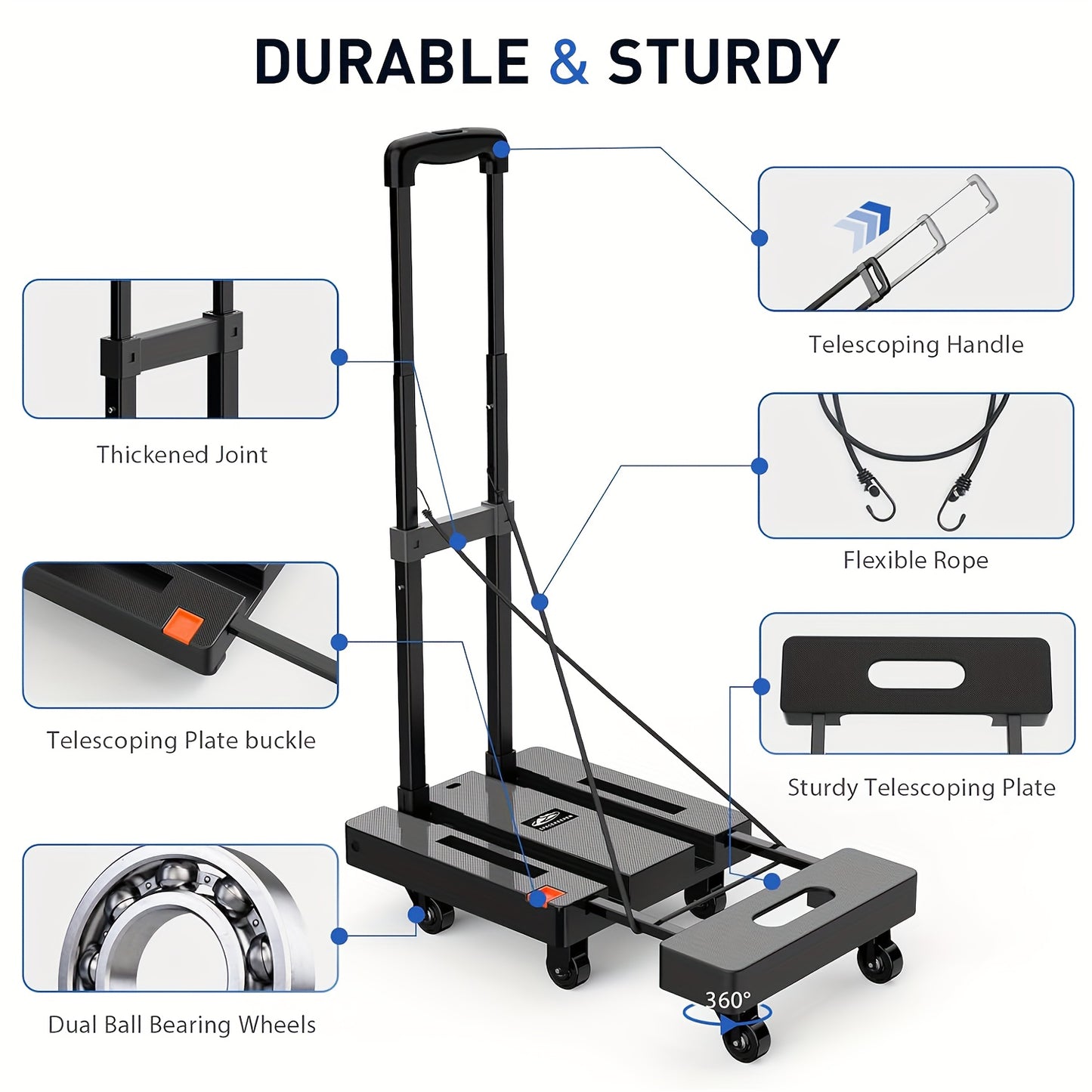 Solejazz Folding Hand Truck 500 Pounds Heavy Duty Luggage Cart With 6 Wheels And 2 Elastic Ropes Black