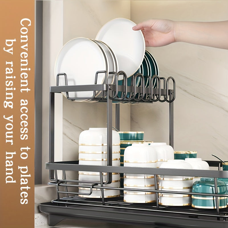 Double Tier Large Metal Cutlery Rack For Kitchen Space Saving Rustproof With Knife Fork Cup Holders And Draining Board