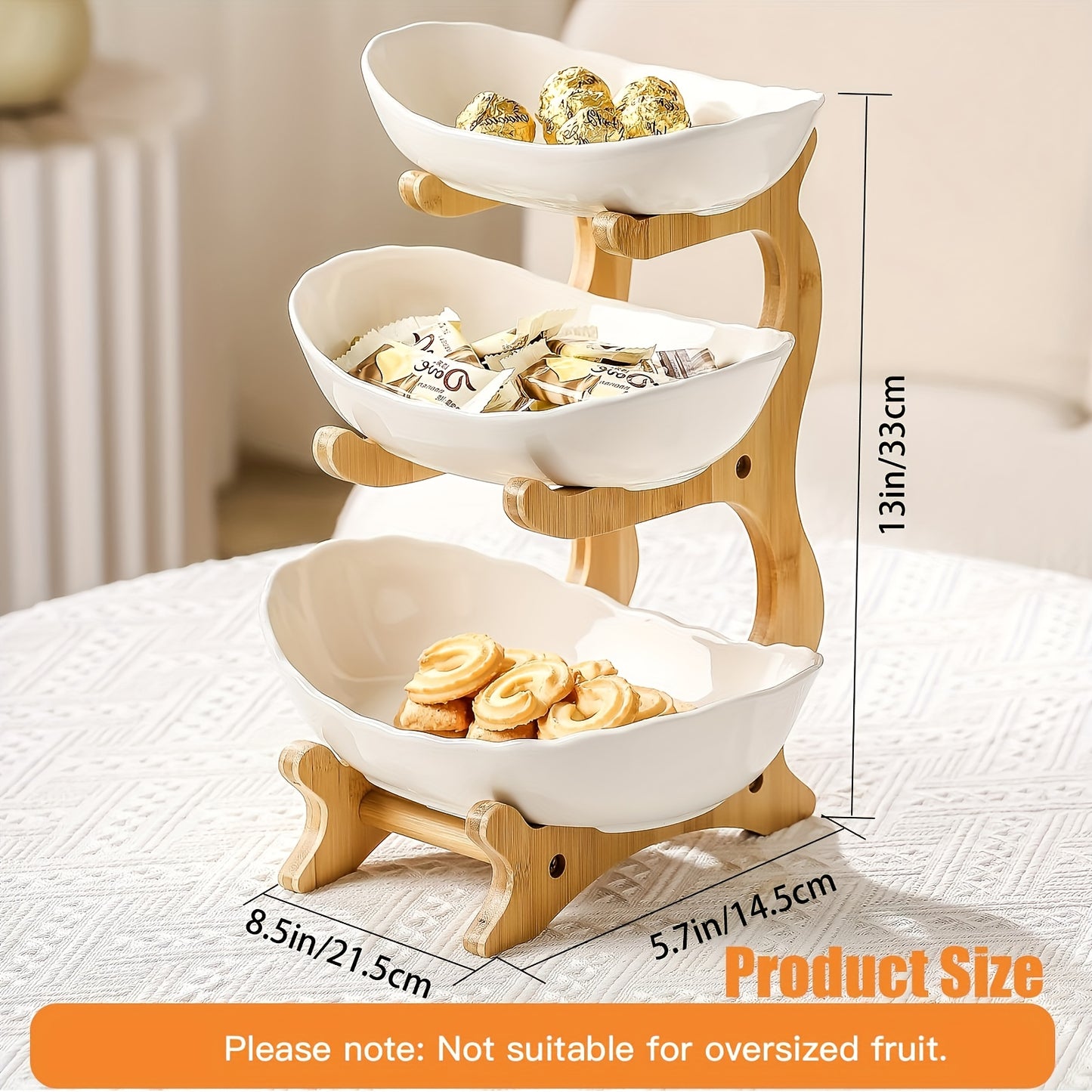 White 3 Tier Fruit Plate Bowl With Bamboo Wood Stand Large Capacity Candy Dish Decor Tray Rack For Party And Wedding