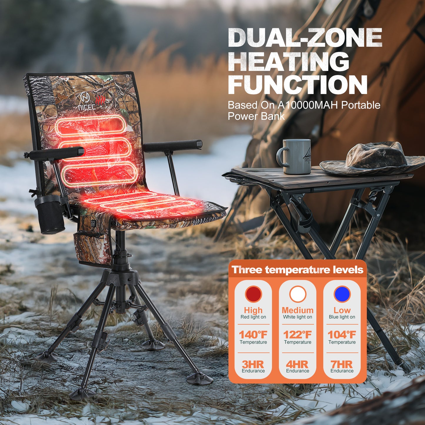 Heated 360 Swivel Hunting Blind Chair Adjustable 4 Leg Height Battery Included