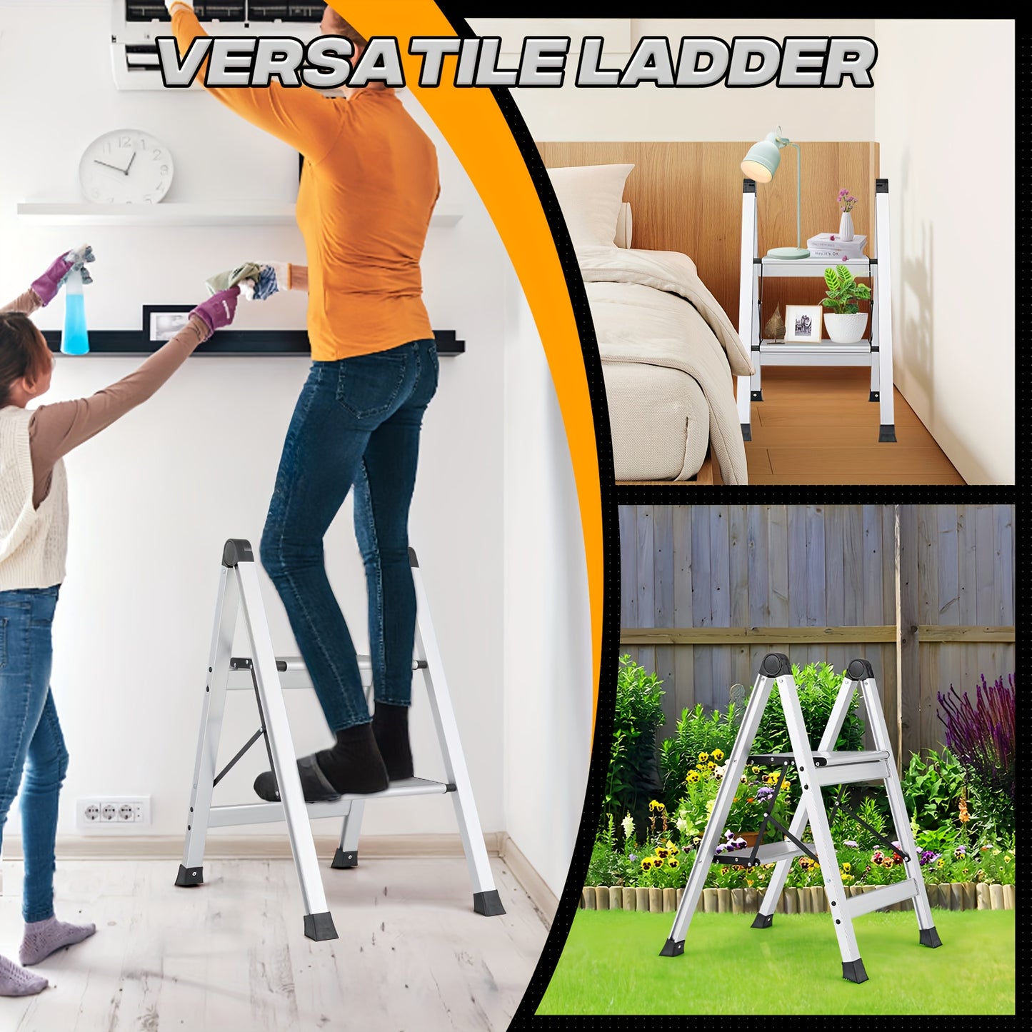 MoNiBloom Portable 2 Step Ladder Folding Stool Wide Platform Non Slip Feet 330 Lbs Capacity For Home Kitchen Silvery