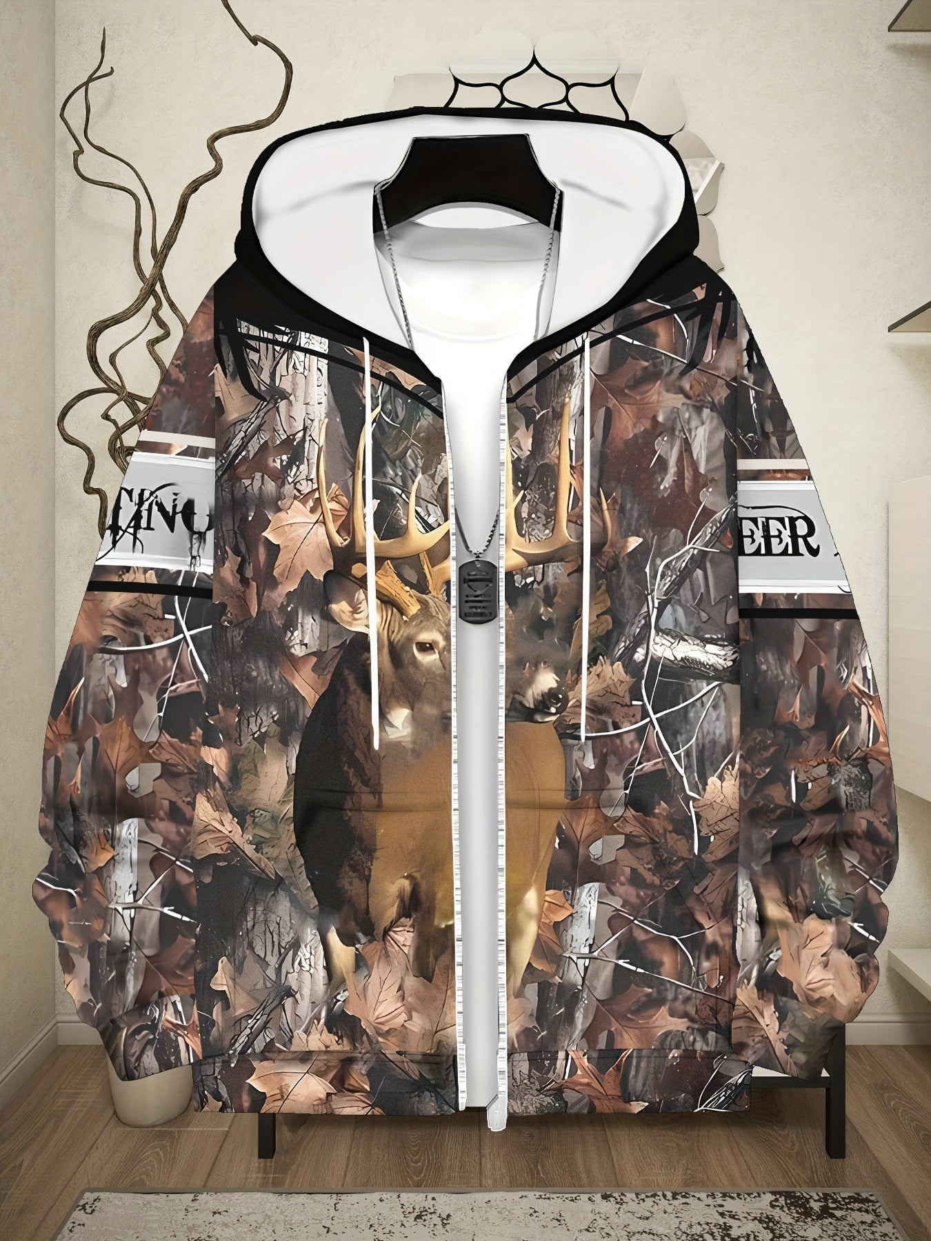 Camouflage Deer Print Mens Hooded Jacket Zipper Front