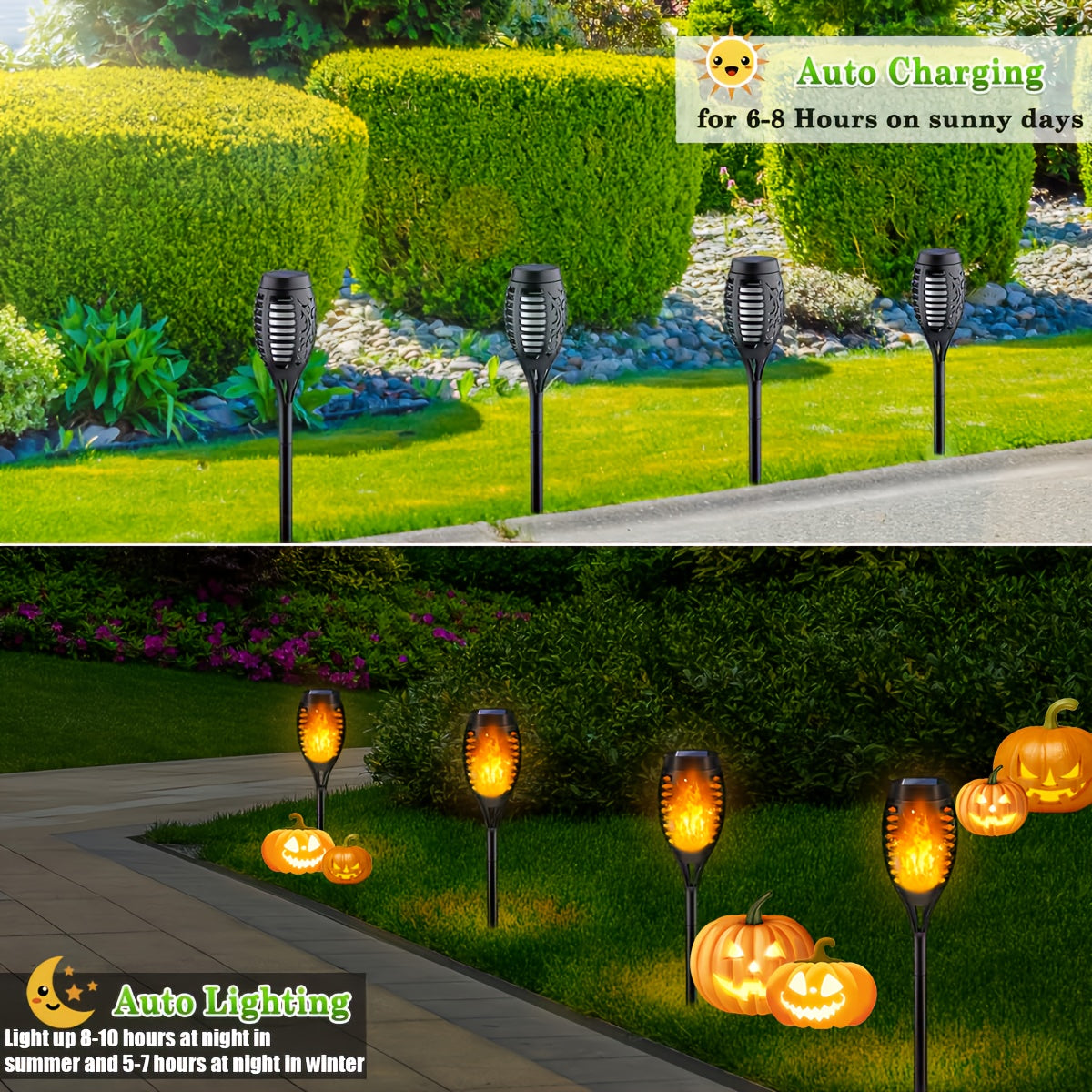 8 Pack Solar Torch Lights Outdoor Waterproof Flickering Flame Tiki Garden Pathway Realistic Fire Effect Auto On Off