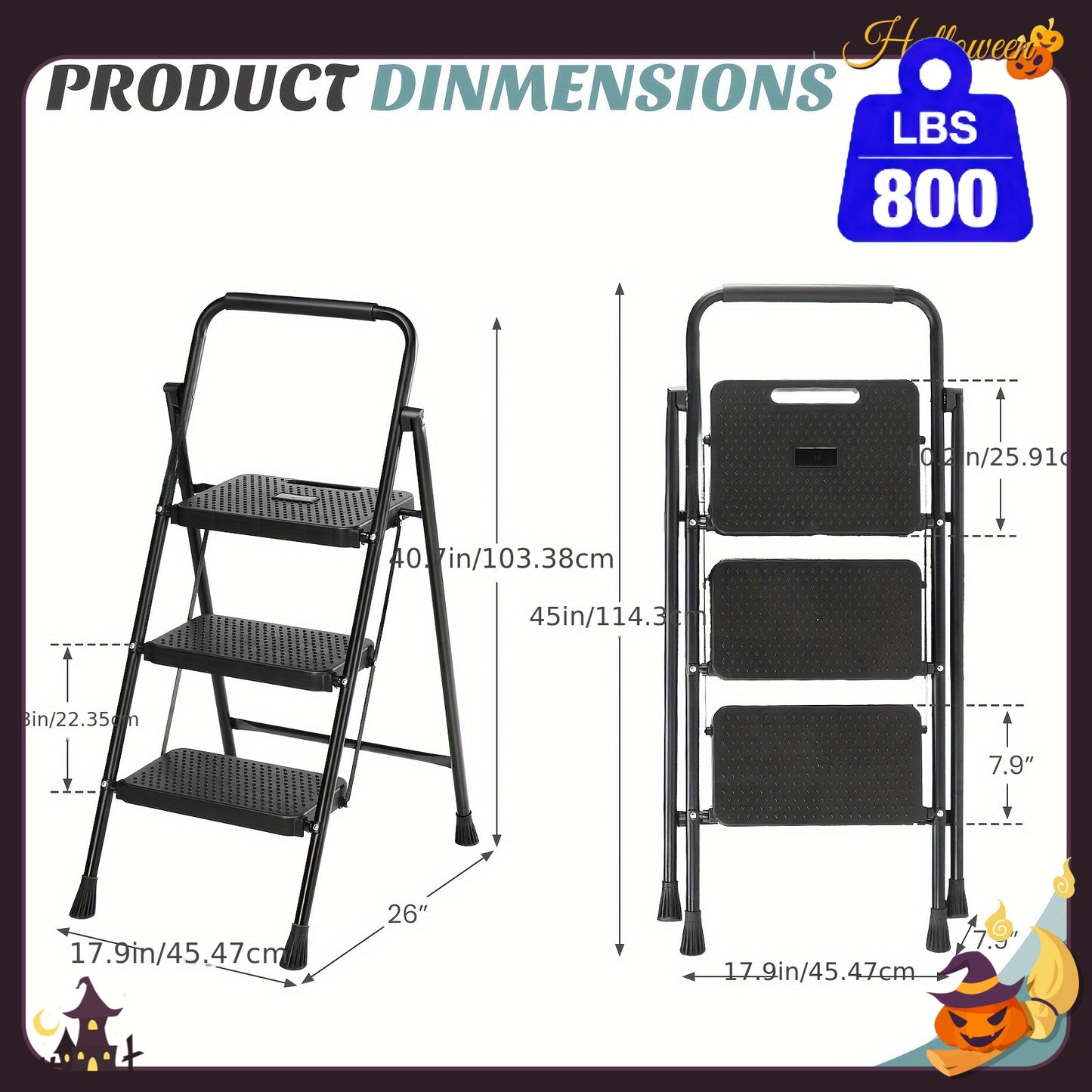 Heavy Duty 800lb Folding Step Ladder With Storage Shelf And Wide Non Slip Treads 2 To 4 Step Steel Ladder Black