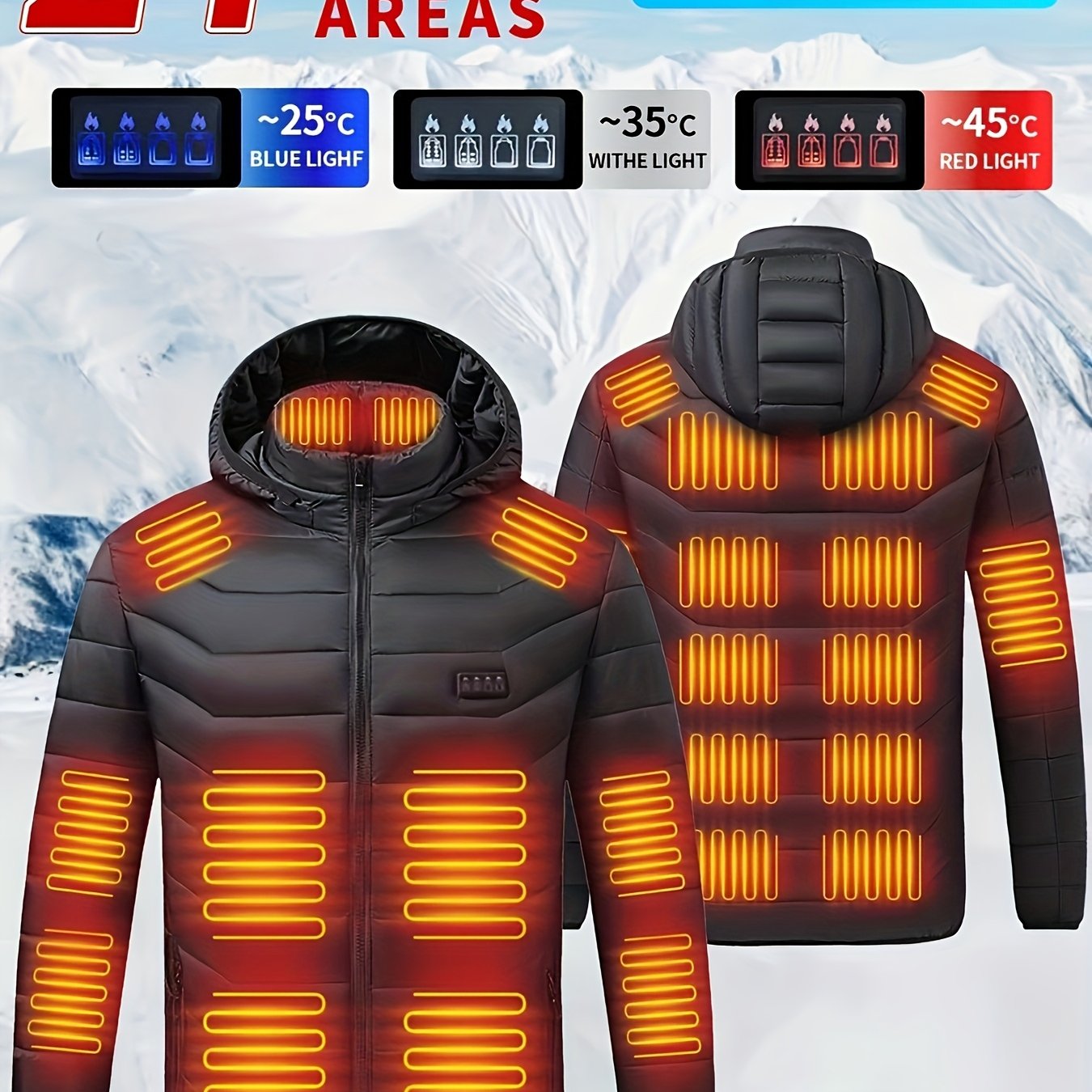 Electric Heating Jacket USB Powered Hooded Full Zip 24 Zones