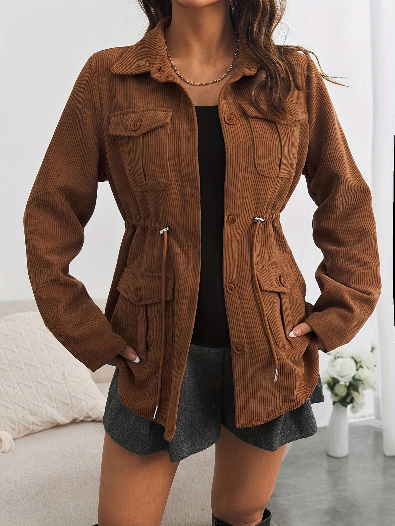 Solid Color Button Front Jacket Flap Pockets Spring Fall