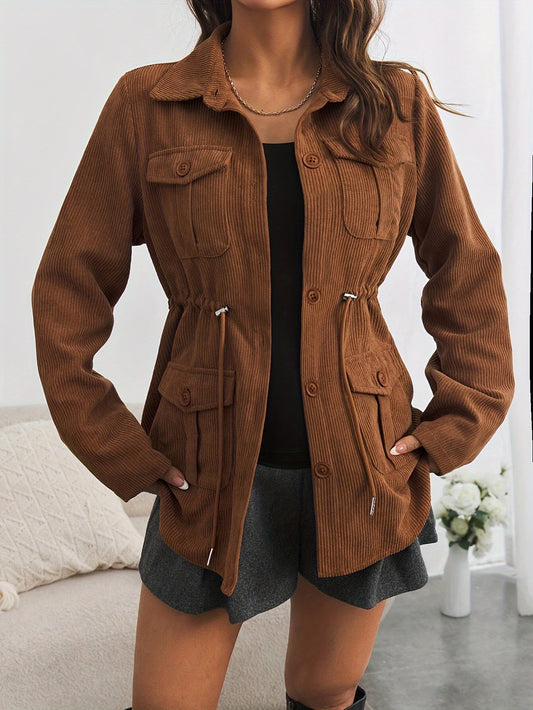Solid Color Button Front Jacket Flap Pockets Spring Fall