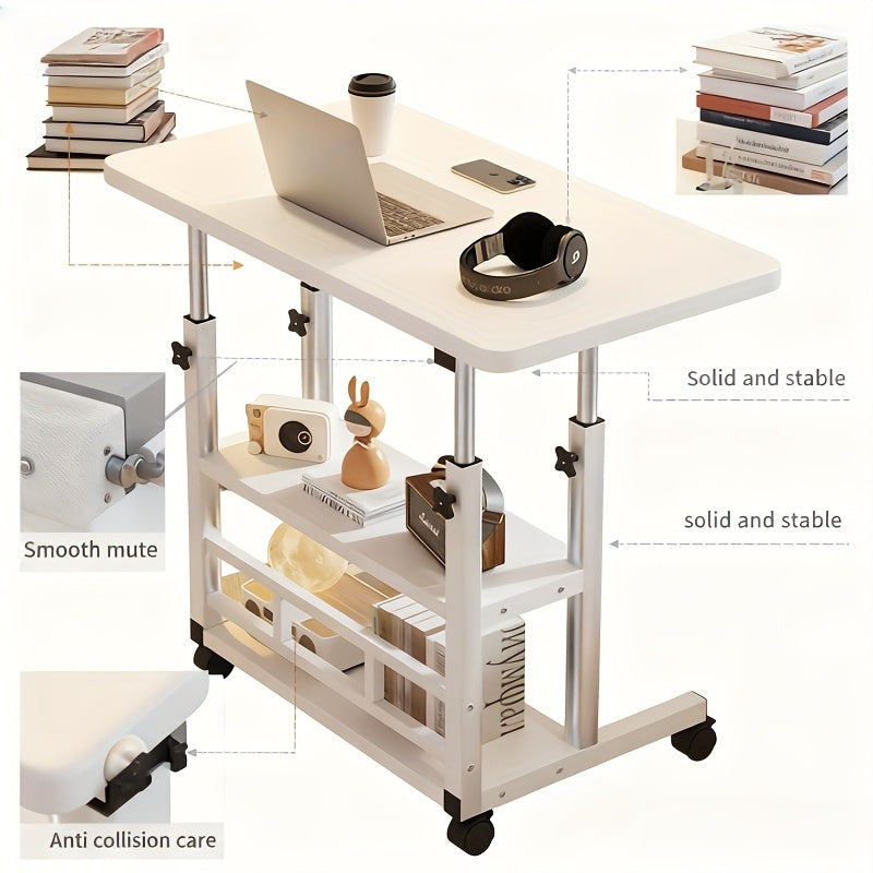 Foldable Computer Desk Wheels Adjustable Height Storage