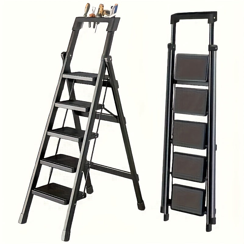 Five Step Folding Metal Ladder With Handrails Portable Safety Footstool For Home And Office Use Black Anti Slip Pads