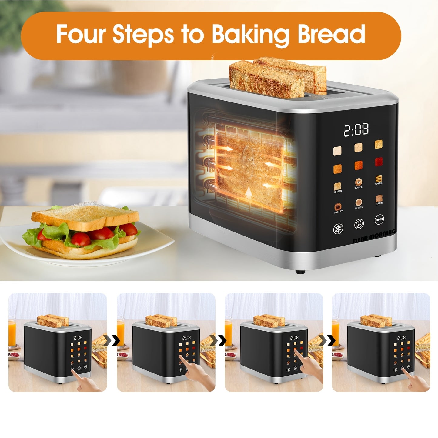 Smart Touchscreen Toaster 2 Slice With LCD Display 6 Toasting Levels 6 Shade Settings Digital Timer Bagel Cancel Defrost
