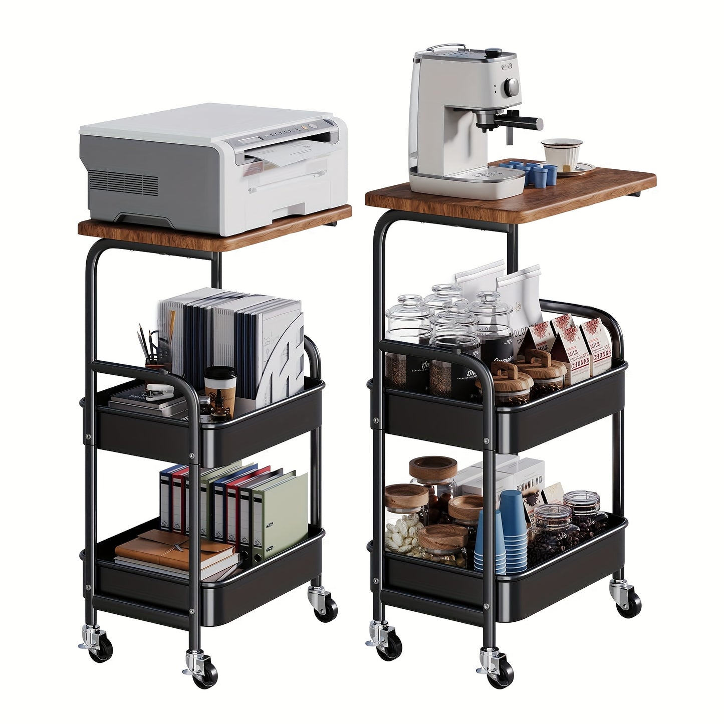 Rolling Cart With Wooden Table Top 3 Tier Metal Utility Cart Locking Wheels Printer Stand Kitchen Office Bedroom