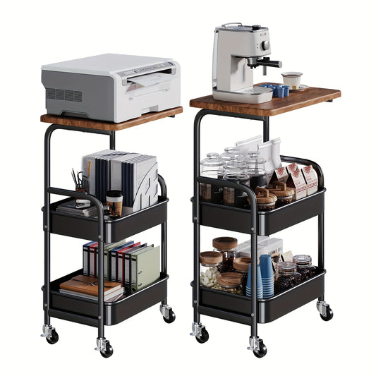 Rolling Cart With Wooden Table Top 3 Tier Metal Utility Cart Locking Wheels Printer Stand Kitchen Office Bedroom