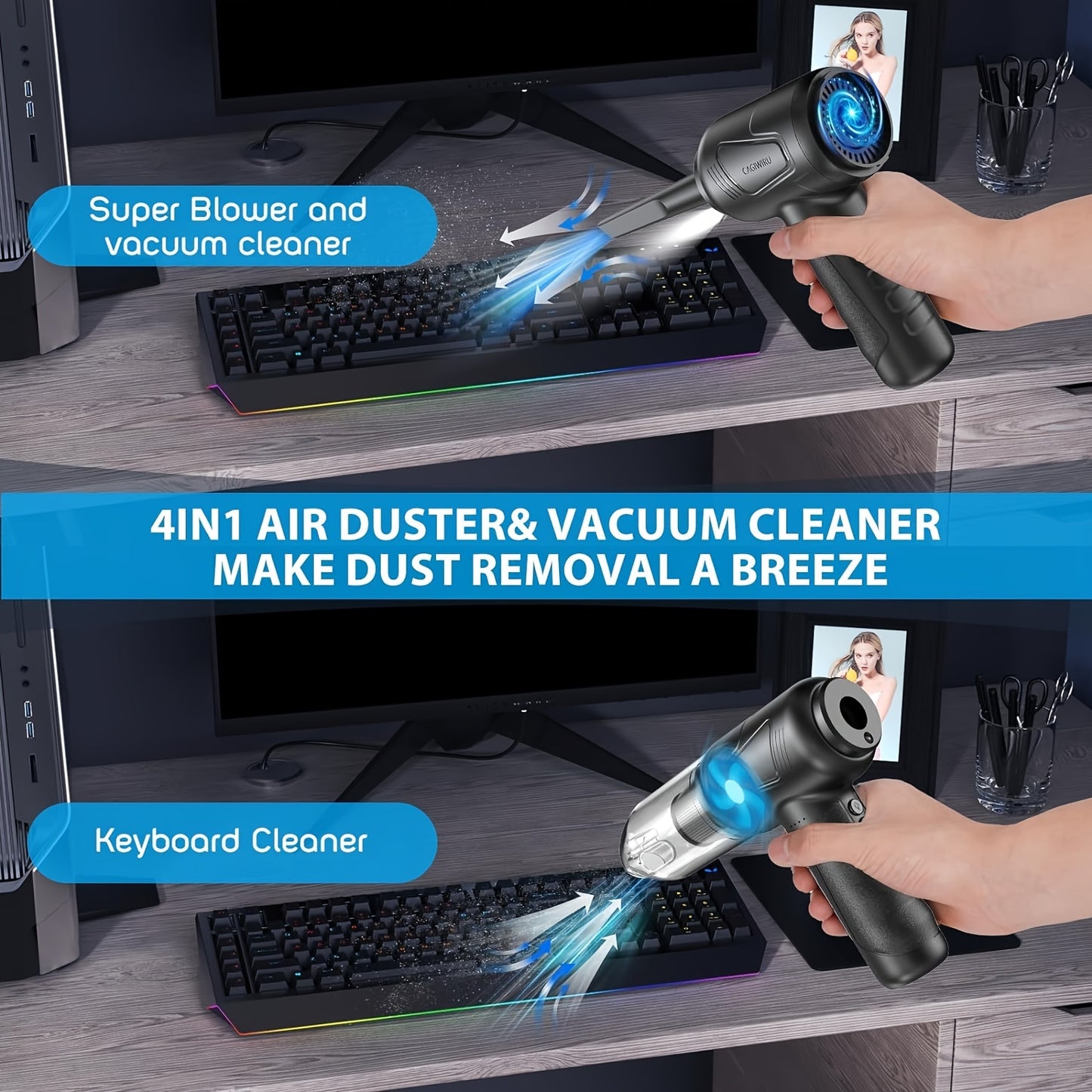 4 In 1 Compressed Air Duster With Air Blower Vacuum Cleaner And Keyboard Cleaner No Canned Air USB Rechargeable 6000mAh