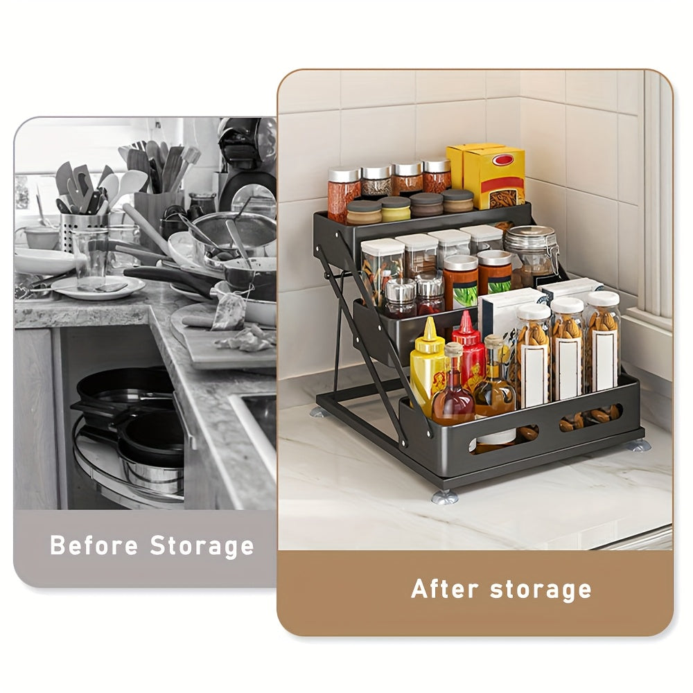 3-Tier Foldable Cast Iron Spice Rack With Safety Rails For Kitchen Storage Holiday Theme Durable Painted Finish