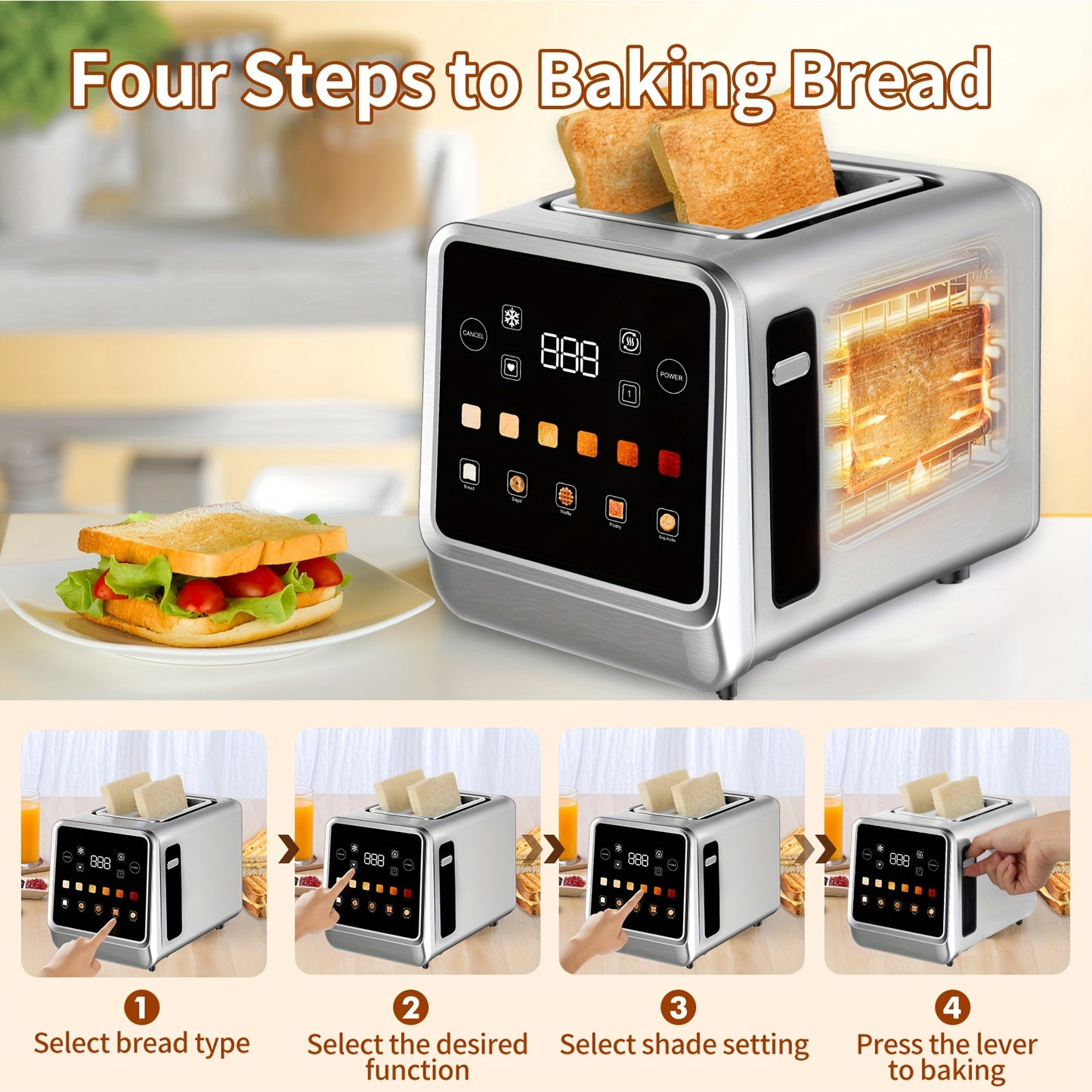2 Slice Stainless Steel Smart Toaster With LCD Display Extra Wide Slots 6 Bread Types Defrost Memory Toasting Timer