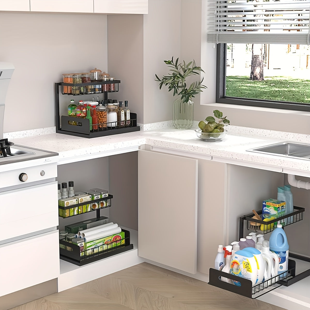 Two Level Under Sink Organizers With Sliding Pull Out Shelf Made Of Metal For Kitchen Bathroom Pantry And Closet