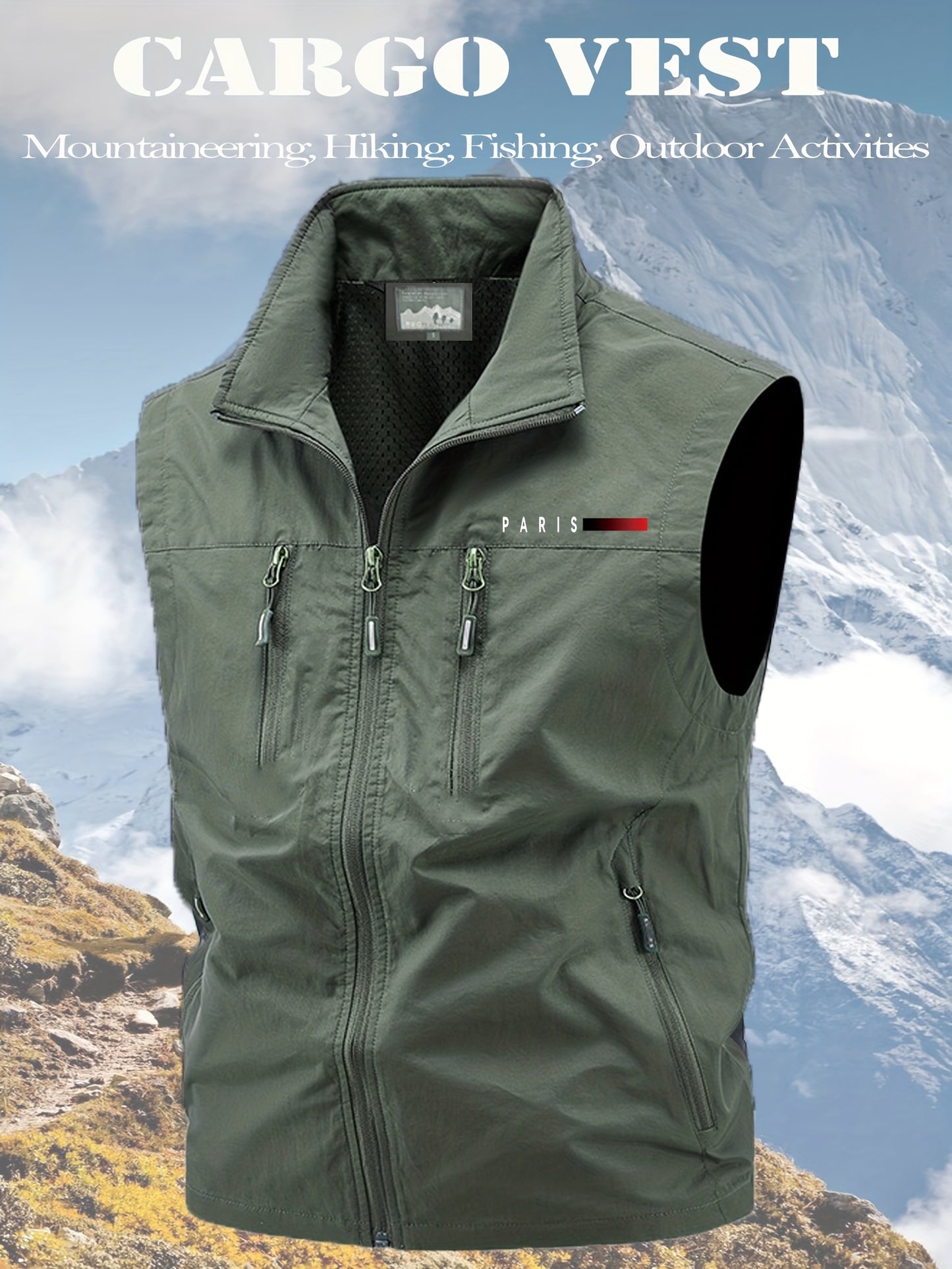 Men Casual Workwear Vest Paris Print Stand Collar Pockets