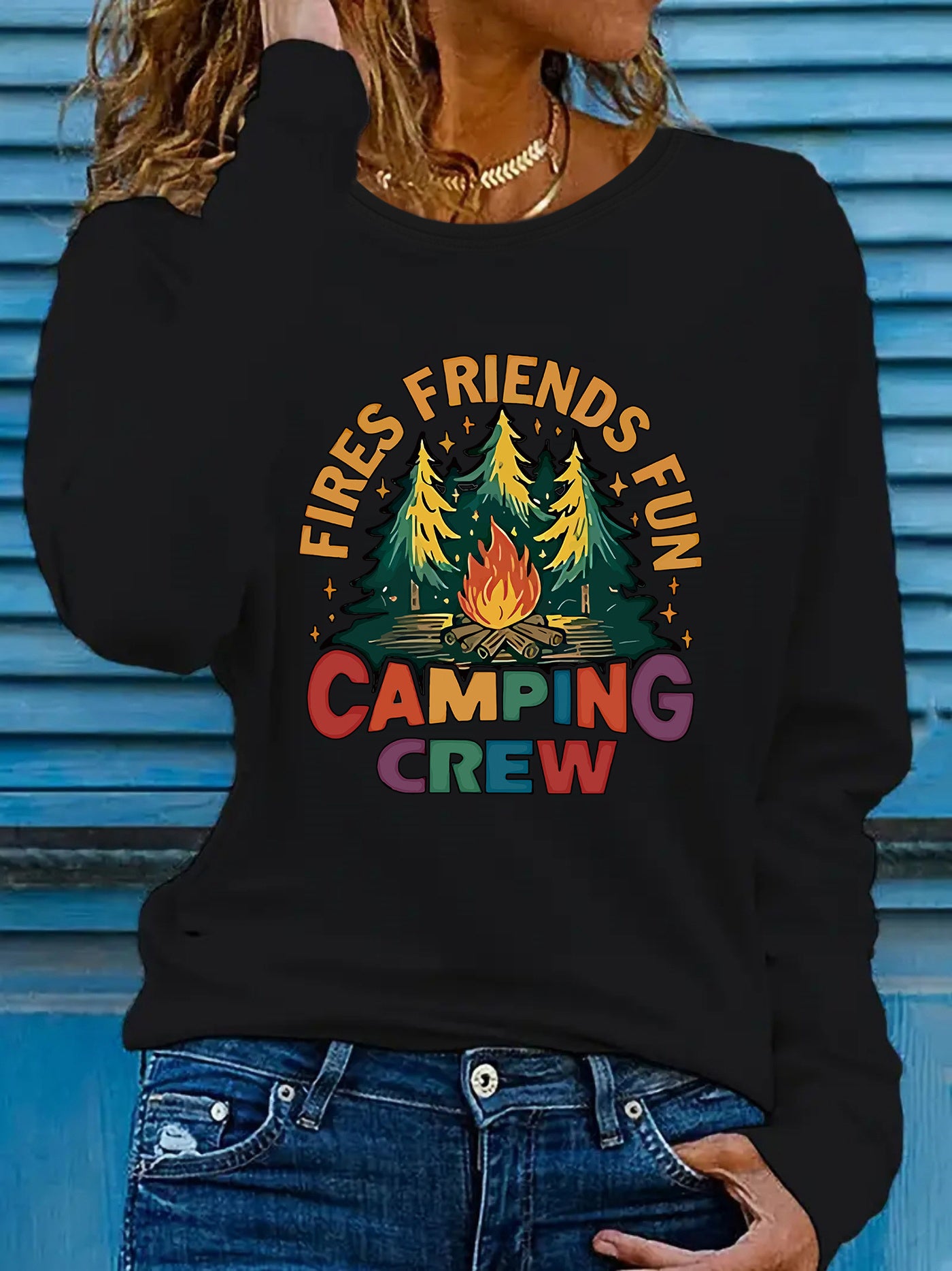 Women's Graphic Long Sleeve Gray Campfire Pine Tee Shirt