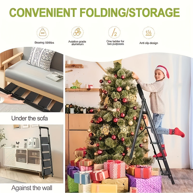 Five Step Folding Metal Ladder With Handrails Portable Safety Footstool For Home And Office Use Black Anti Slip Pads