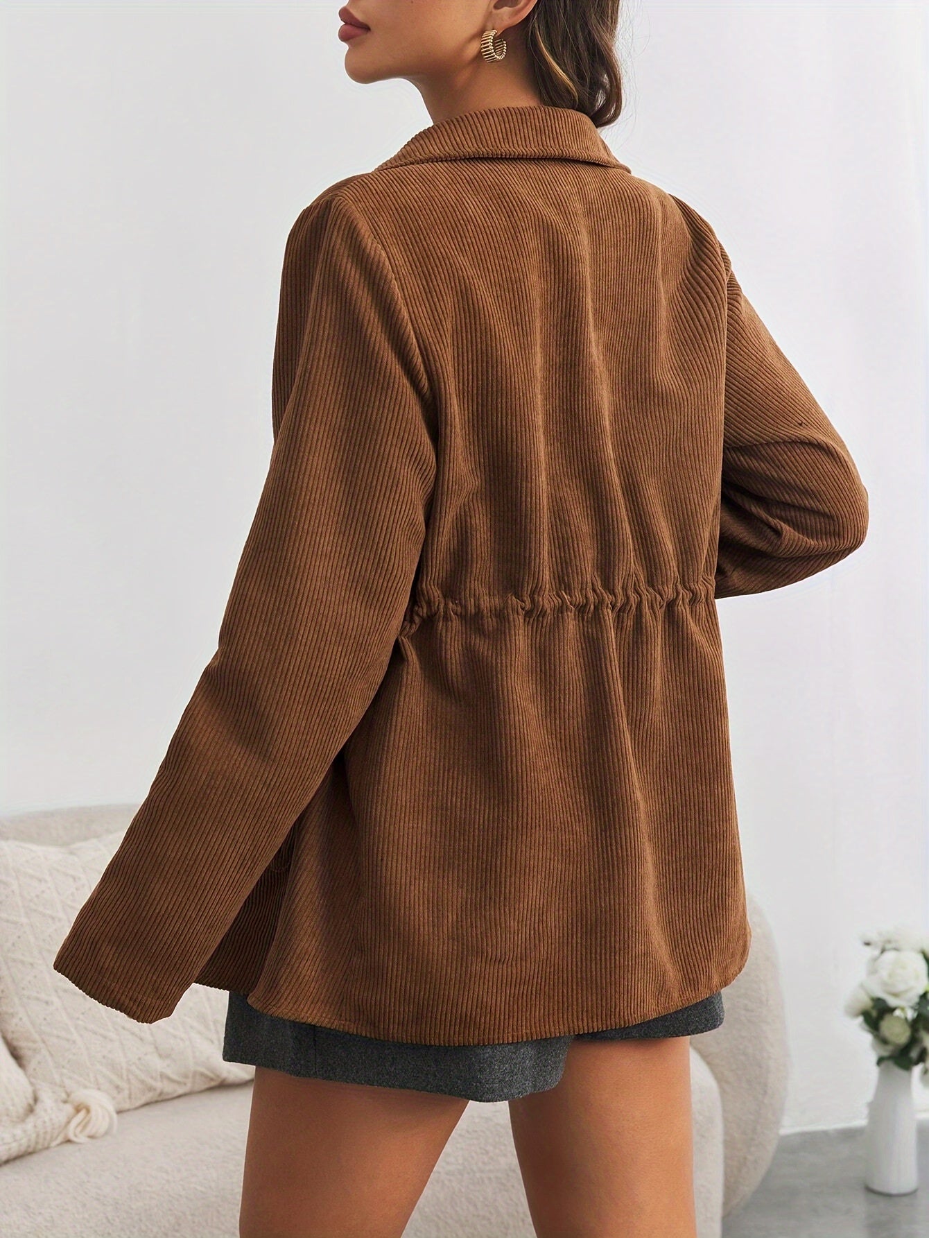 Solid Color Button Front Jacket Flap Pockets Spring Fall