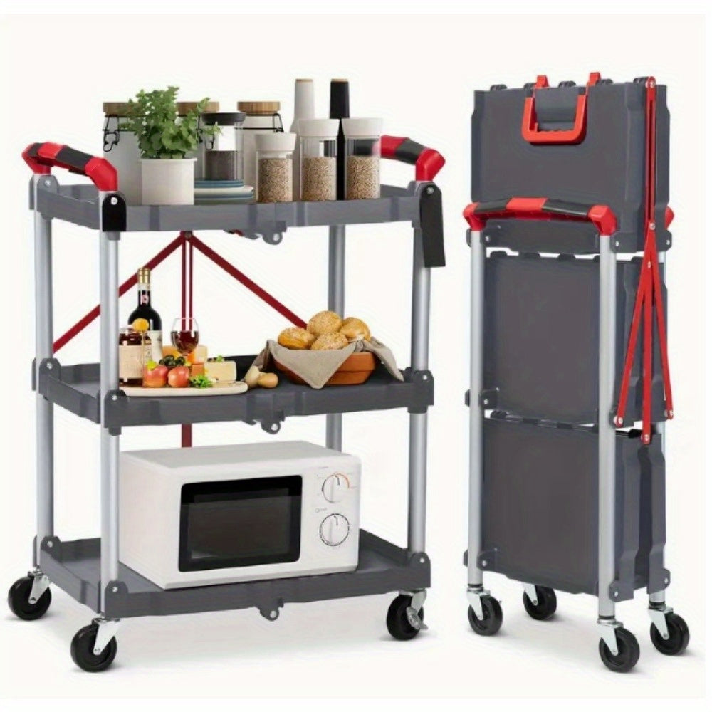 Heavy Duty 3 Tier Folding Wheeled Cart With 56 Lbs Load Per Shelf Sturdy Metal Service Cart 4 Wheel Mobility