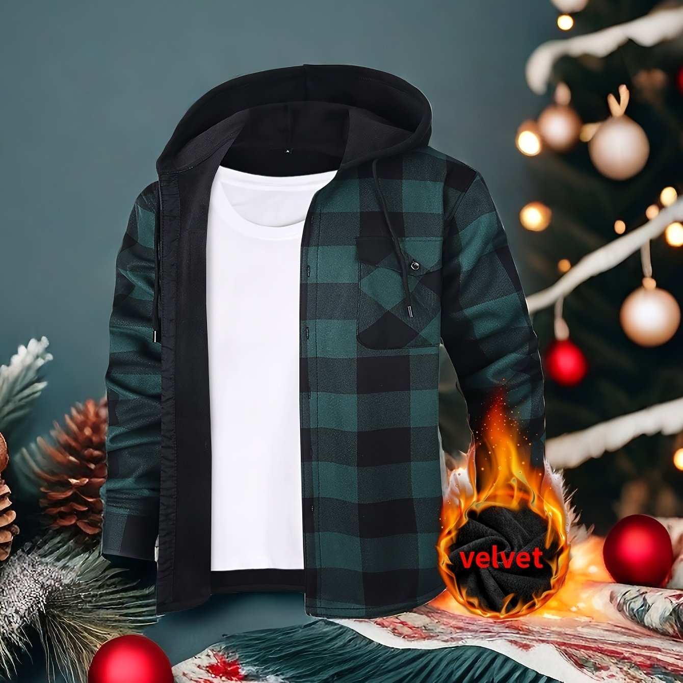 Mens Hooded Plaid Shirt Jacket Winter Thickened Coat