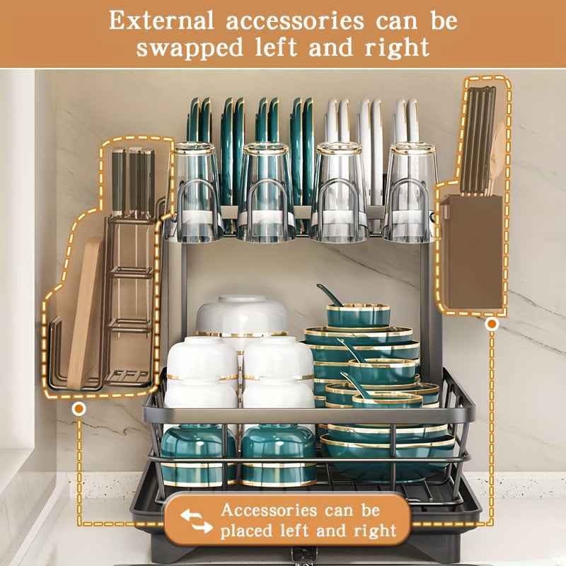 Double Tier Large Metal Cutlery Rack For Kitchen Space Saving Rustproof With Knife Fork Cup Holders And Draining Board