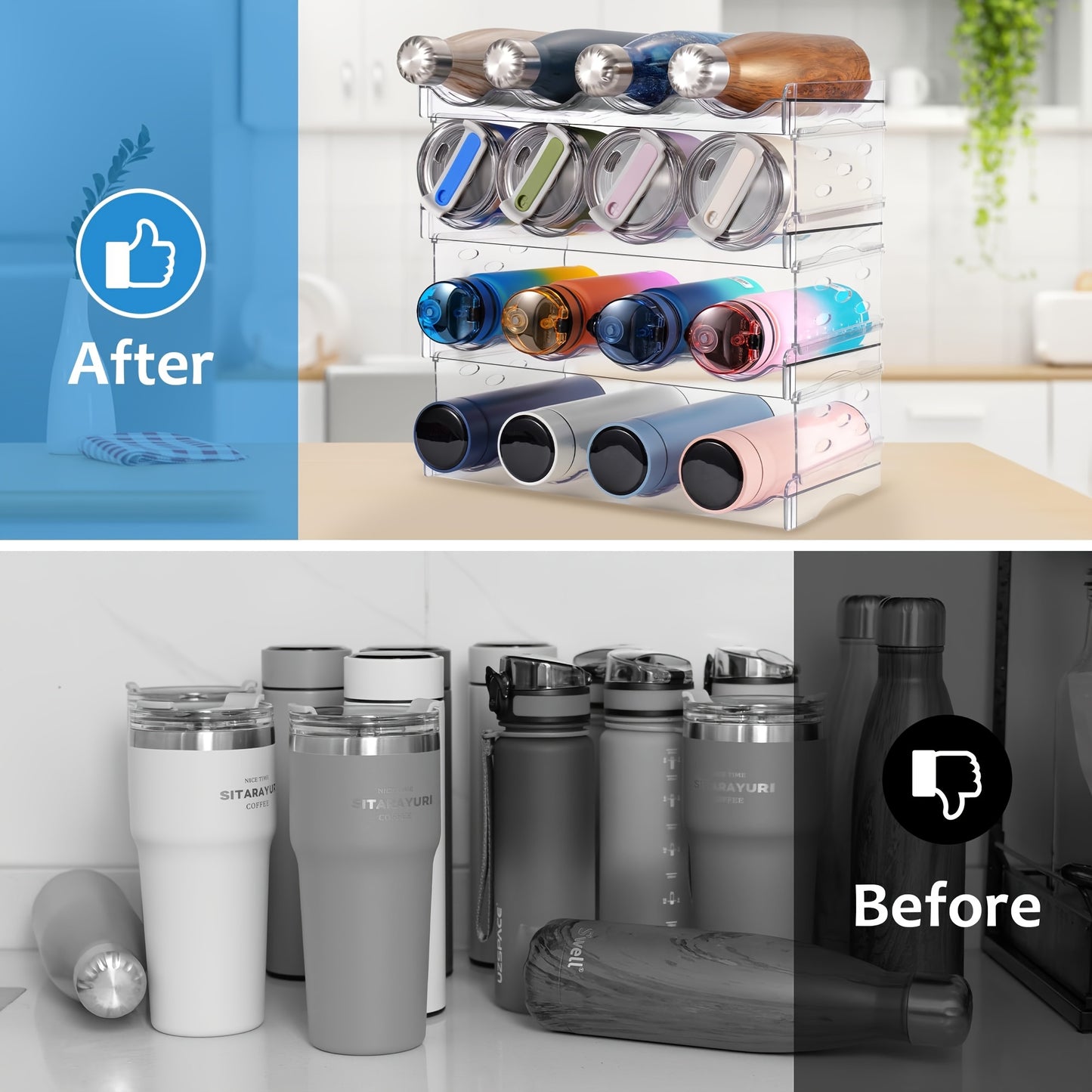 4 Tier Stackable Water Bottle Organizer Clear Plastic Kitchen Cabinet Storage Holds 16 Bottles For Home Office Pantry