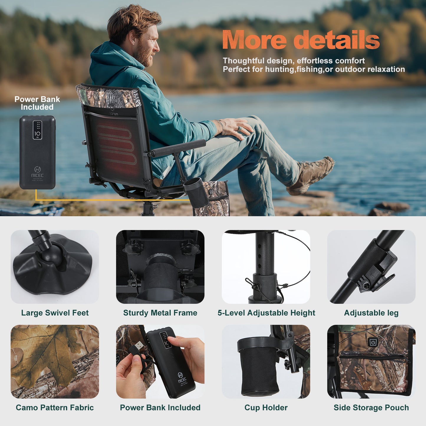 Heated 360 Swivel Hunting Blind Chair Adjustable 4 Leg Height Battery Included