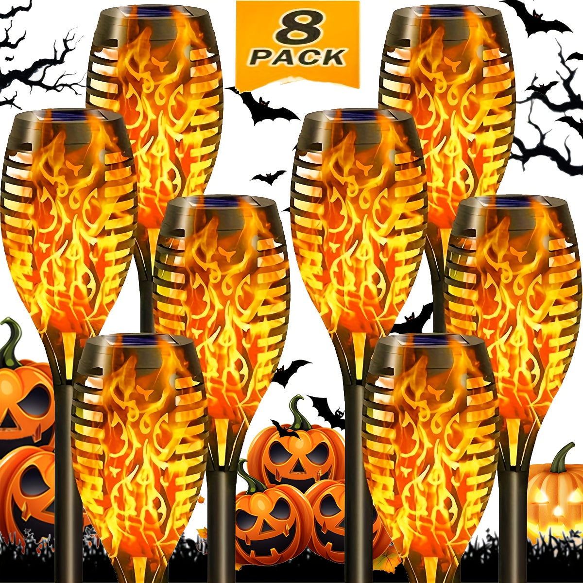 8 Pack Solar Torch Lights Outdoor Waterproof Flickering Flame Tiki Garden Pathway Realistic Fire Effect Auto On Off