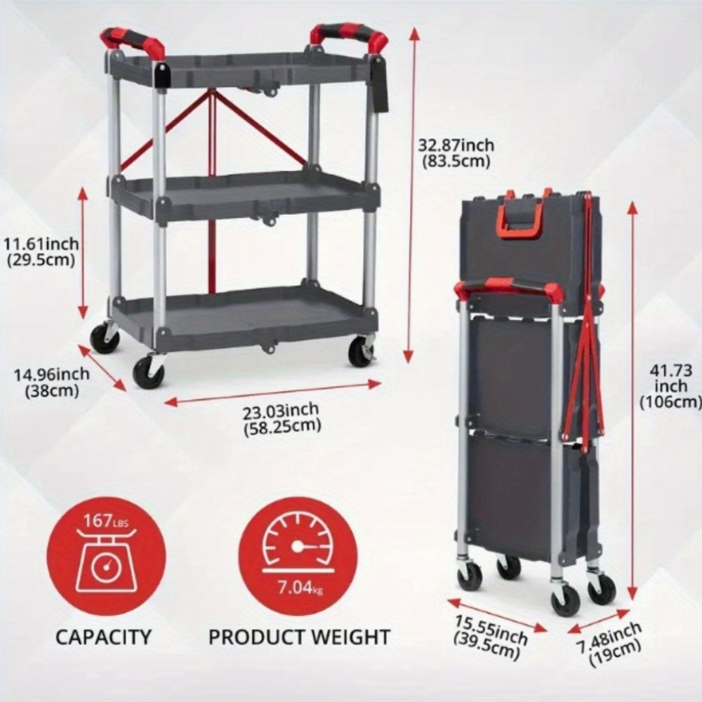 Heavy Duty 3 Tier Folding Wheeled Cart With 56 Lbs Load Per Shelf Sturdy Metal Service Cart 4 Wheel Mobility