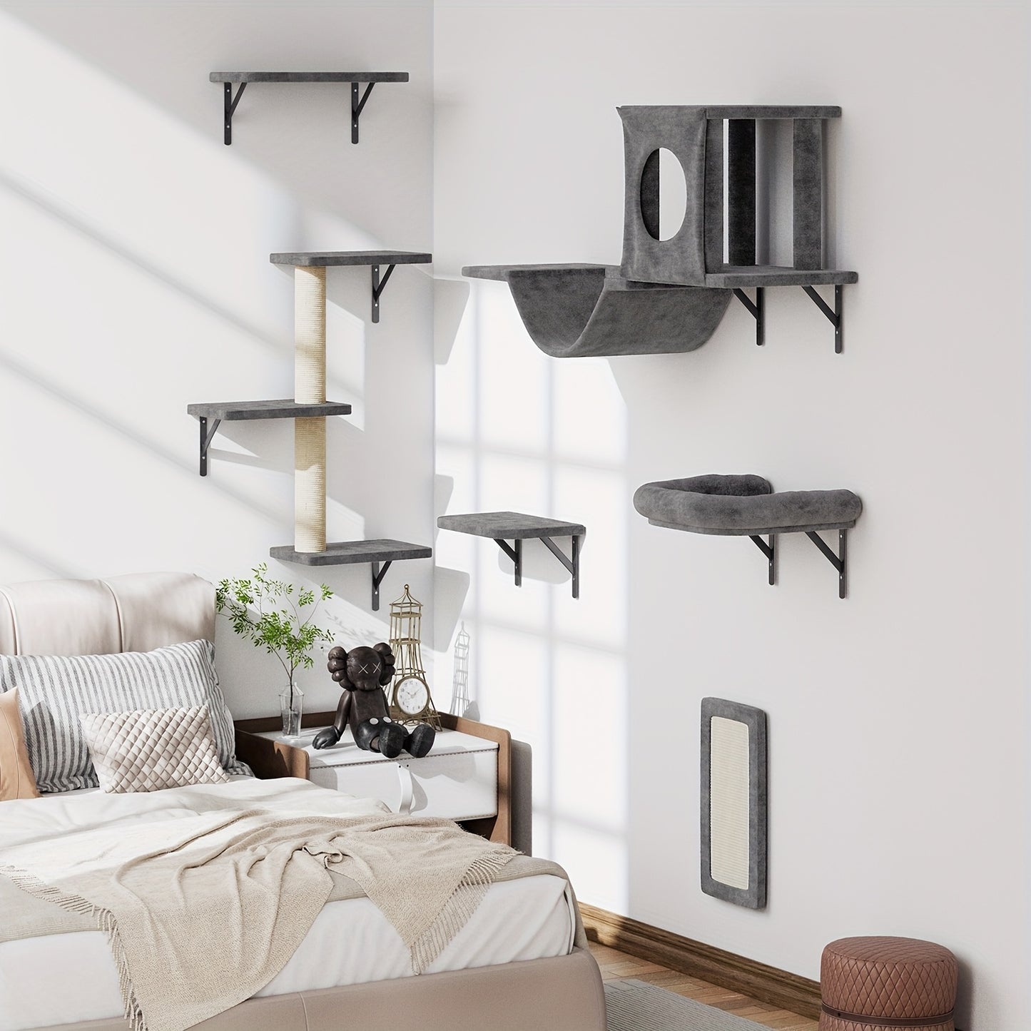 6 Pcs Deluxe Wall Mounted Cat Climbing Shelf Multi Level