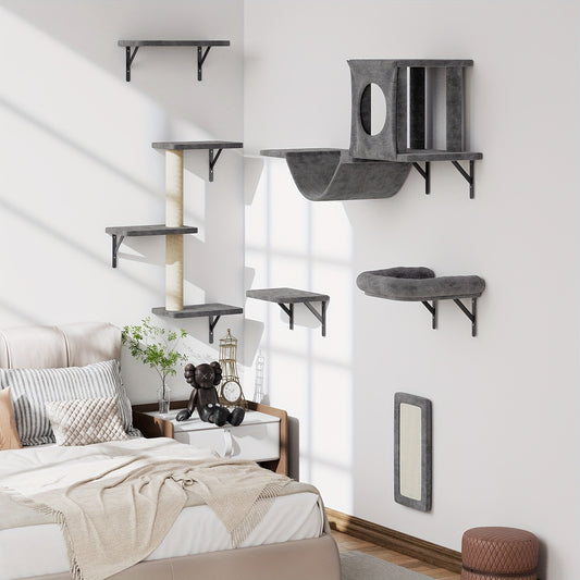 6 Pcs Deluxe Wall Mounted Cat Climbing Shelf Multi Level