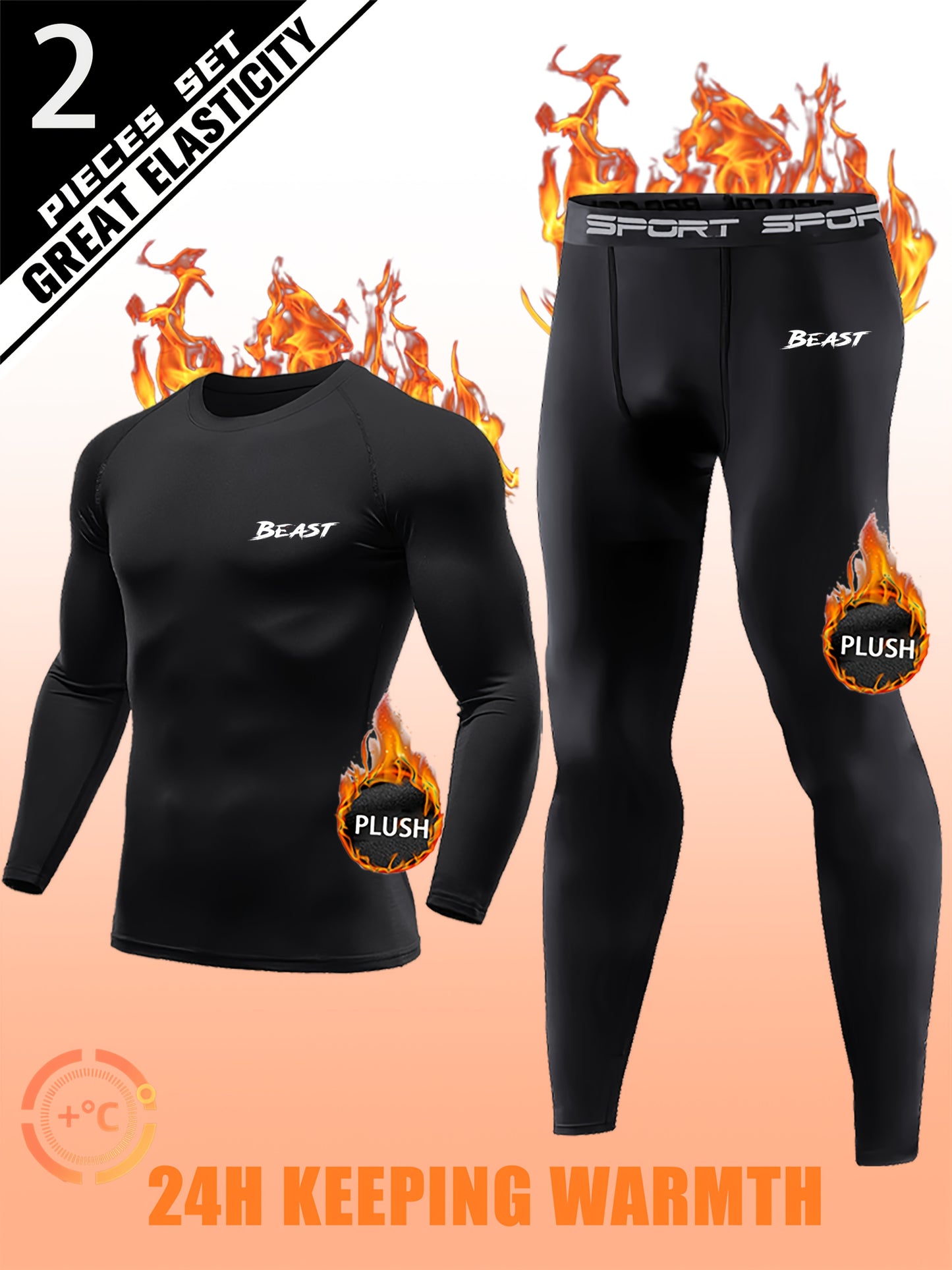 Men's HeatLock Base Layer Set 2pc Fleece Lined Black Skiing